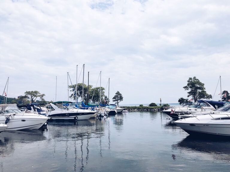 Several yachts and sailboats docked in a calm marina on a partly cloudy day, with trees and open water in the background