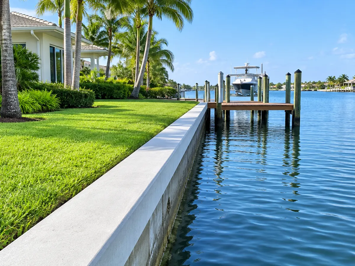Repaired seawall with a new concrete cap along a calm Treasure Coast canal, green lawn and palm trees behind it