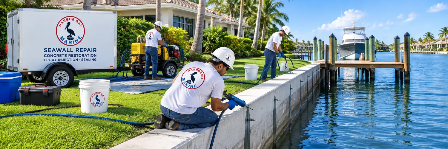 Harbor Bay Marine crew sealing seams and injecting resin behind a residential seawall